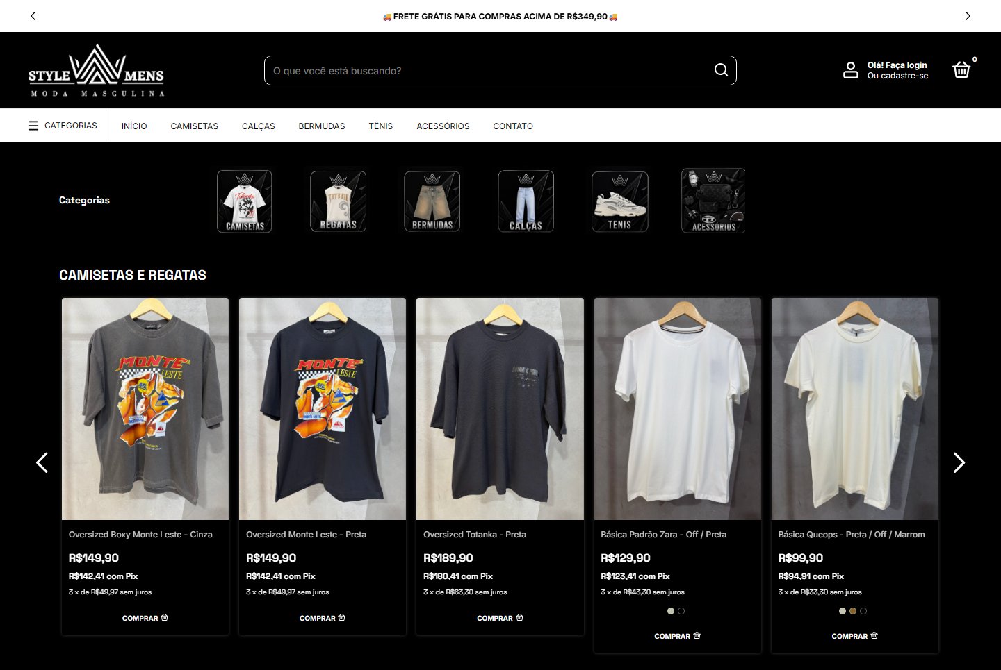 Loja virtual Style Mens com vitrines de camisetas, calças e bermudas masculinas